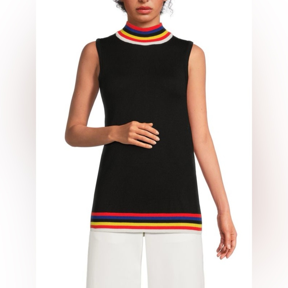 Joseph A Black Sleeveless Knit Top with Striped Trim